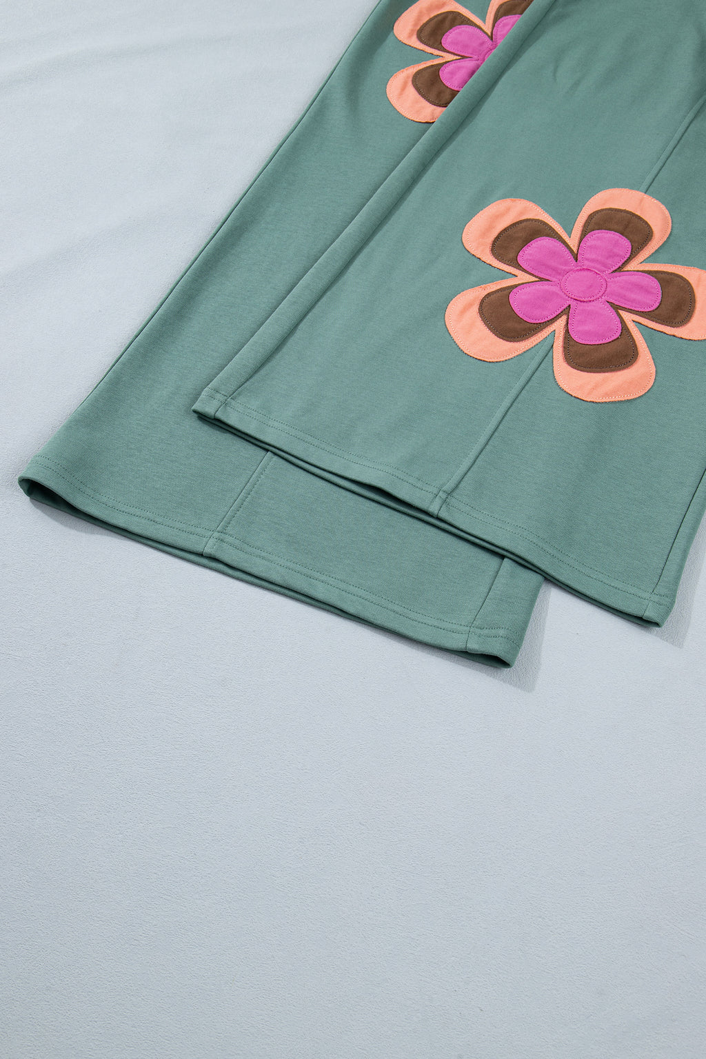 Sea Green Color Block Flower Patchwork Drawstring Contrasted Elastic Waist Wide Leg Pants